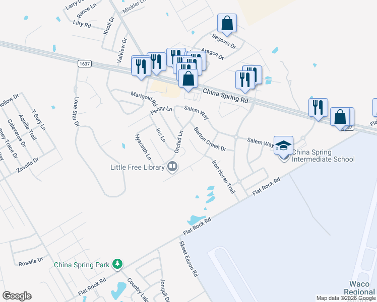 map of restaurants, bars, coffee shops, grocery stores, and more near 10116 Iron Horse Trail in Waco
