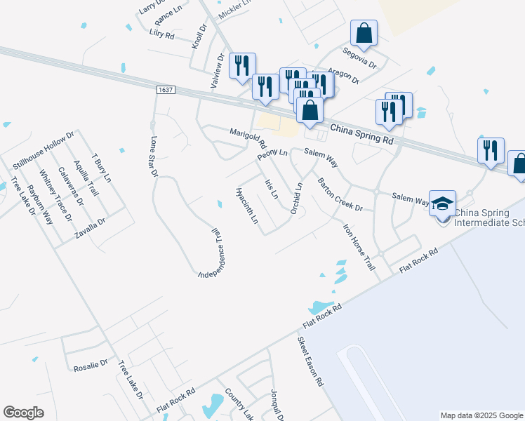 map of restaurants, bars, coffee shops, grocery stores, and more near 10216 Lilac Lane in Waco