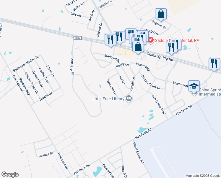map of restaurants, bars, coffee shops, grocery stores, and more near 10228 Hyacinth Lane in Waco