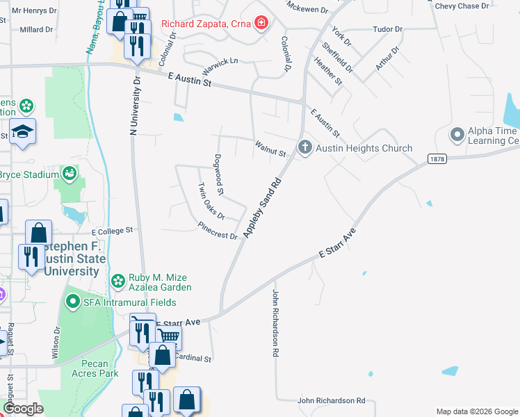 map of restaurants, bars, coffee shops, grocery stores, and more near Farm to Market Road 1411 in Nacogdoches