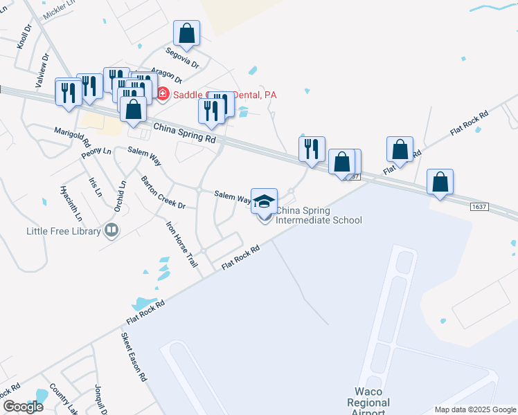 map of restaurants, bars, coffee shops, grocery stores, and more near 9828 Salem Way in Waco