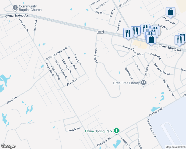 map of restaurants, bars, coffee shops, grocery stores, and more near 68 Independence Trail in Waco