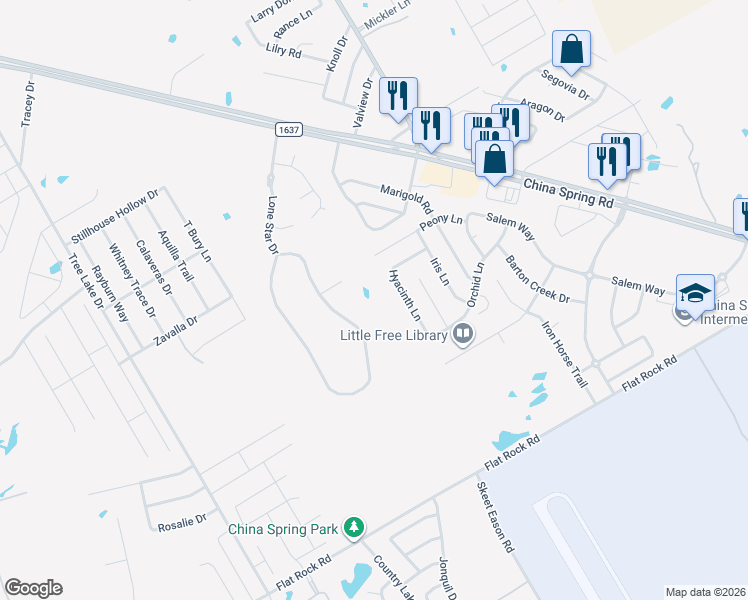 map of restaurants, bars, coffee shops, grocery stores, and more near 18 Independence Trail in Waco