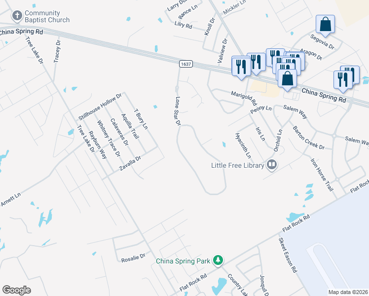 map of restaurants, bars, coffee shops, grocery stores, and more near 61 Independence Trail in Waco