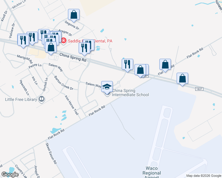 map of restaurants, bars, coffee shops, grocery stores, and more near 9816 Salem Way in Waco