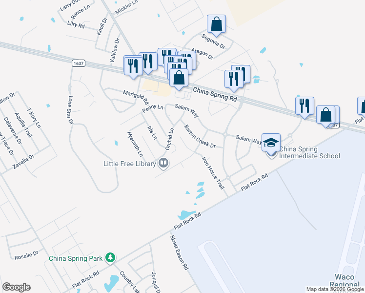 map of restaurants, bars, coffee shops, grocery stores, and more near 10116 Iron Horse Trail in Waco