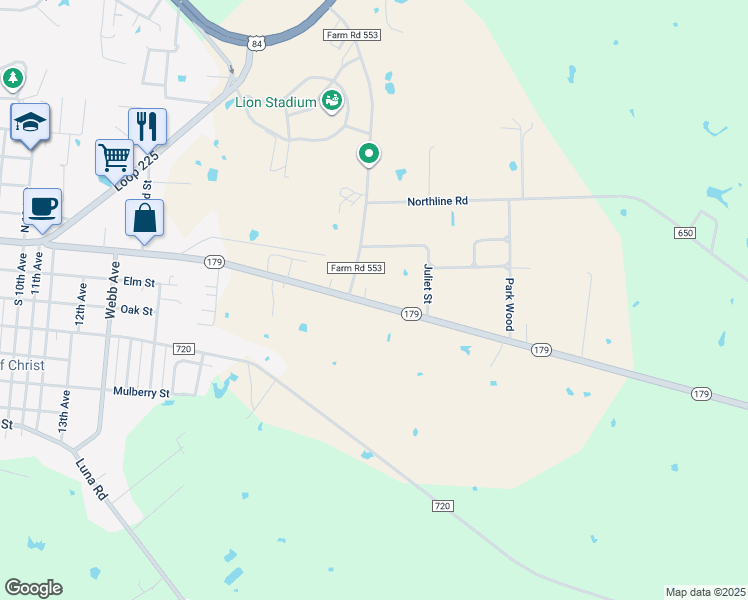 map of restaurants, bars, coffee shops, grocery stores, and more near 2205 East Main Street in Teague
