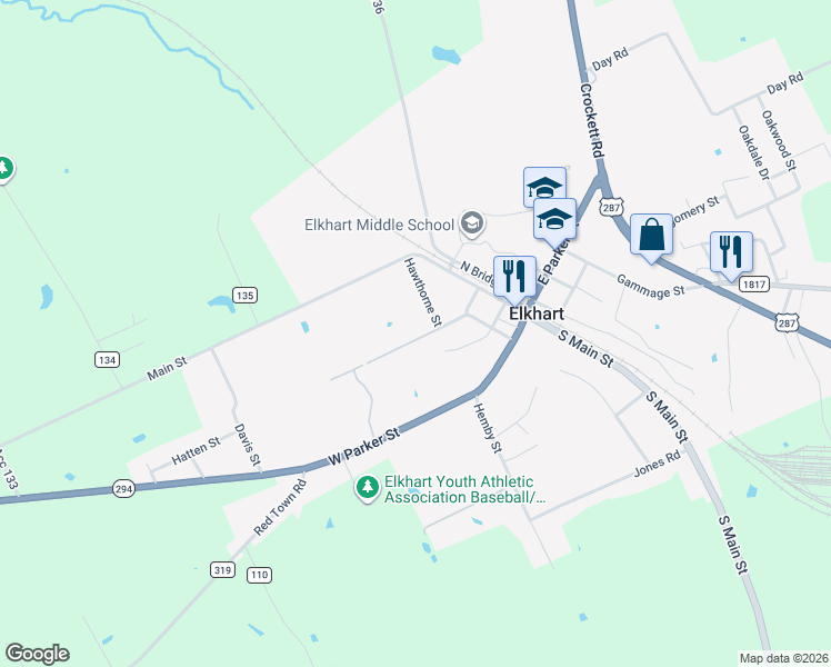 map of restaurants, bars, coffee shops, grocery stores, and more near 410 Watkins Street in Elkhart