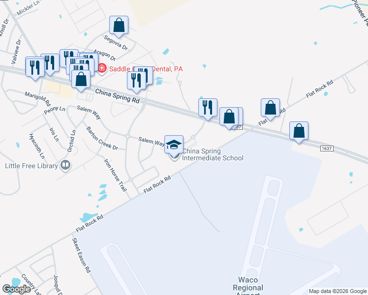map of restaurants, bars, coffee shops, grocery stores, and more near 9812 Salem Way in Waco