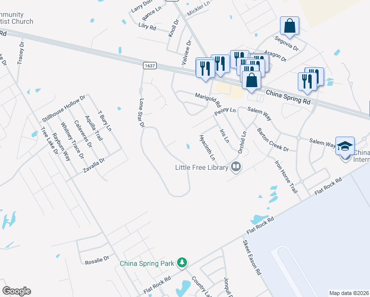 map of restaurants, bars, coffee shops, grocery stores, and more near 18 Independence Trail in Waco