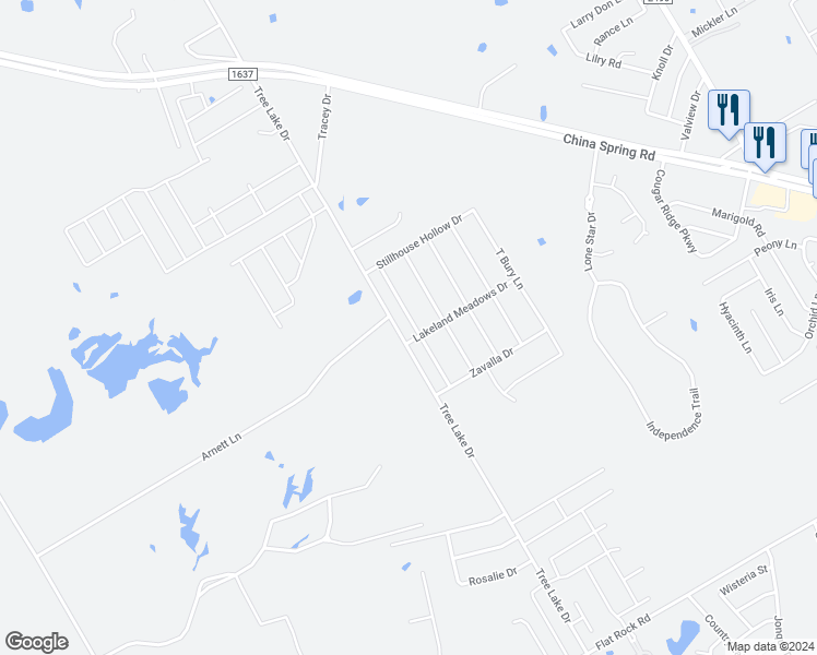 map of restaurants, bars, coffee shops, grocery stores, and more near 10504 Rayburn Way in Waco