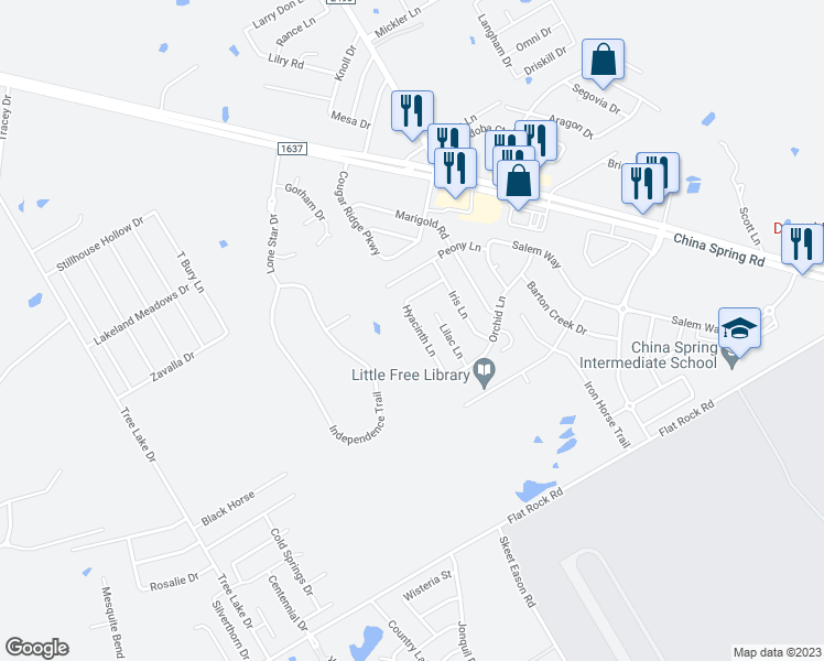 map of restaurants, bars, coffee shops, grocery stores, and more near 10228 Hyacinth Lane in Waco