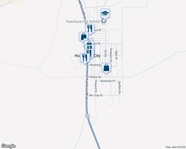 map of restaurants, bars, coffee shops, grocery stores, and more near in Huachuca City