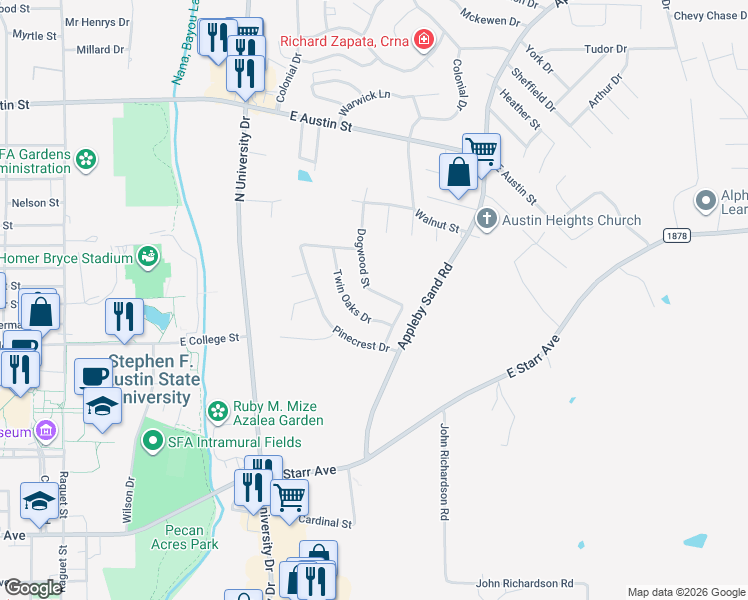 map of restaurants, bars, coffee shops, grocery stores, and more near 3524 Ashcreek Circle in Nacogdoches