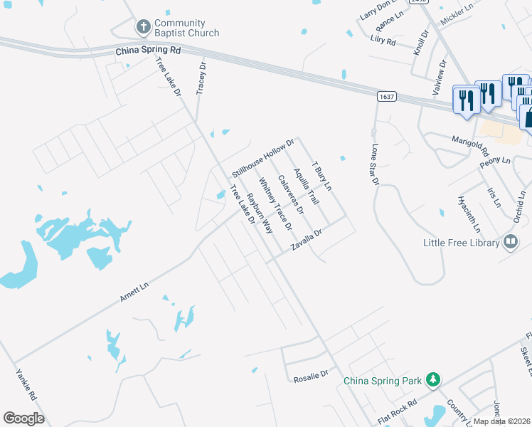 map of restaurants, bars, coffee shops, grocery stores, and more near 10501 Rayburn Way in Waco