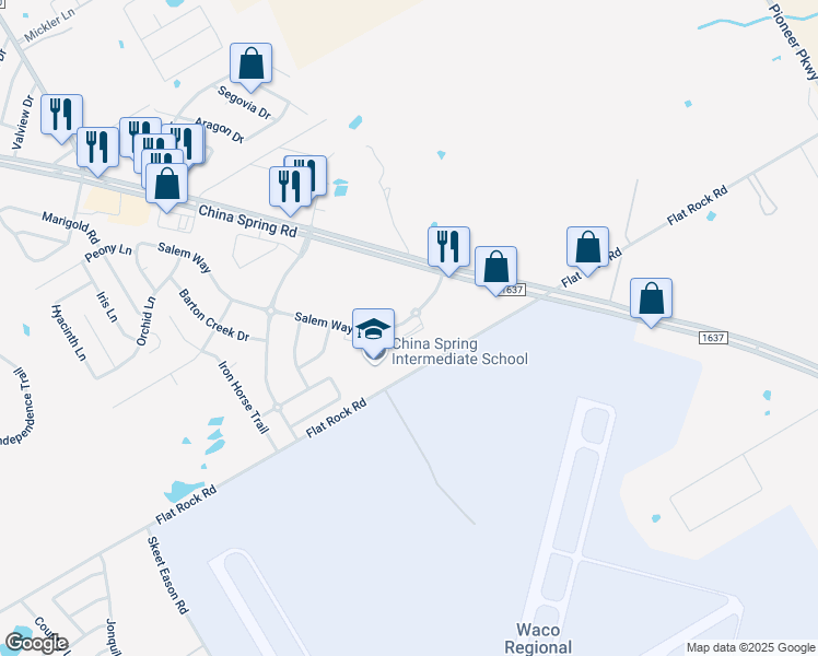 map of restaurants, bars, coffee shops, grocery stores, and more near 9804 Salem Way in Waco