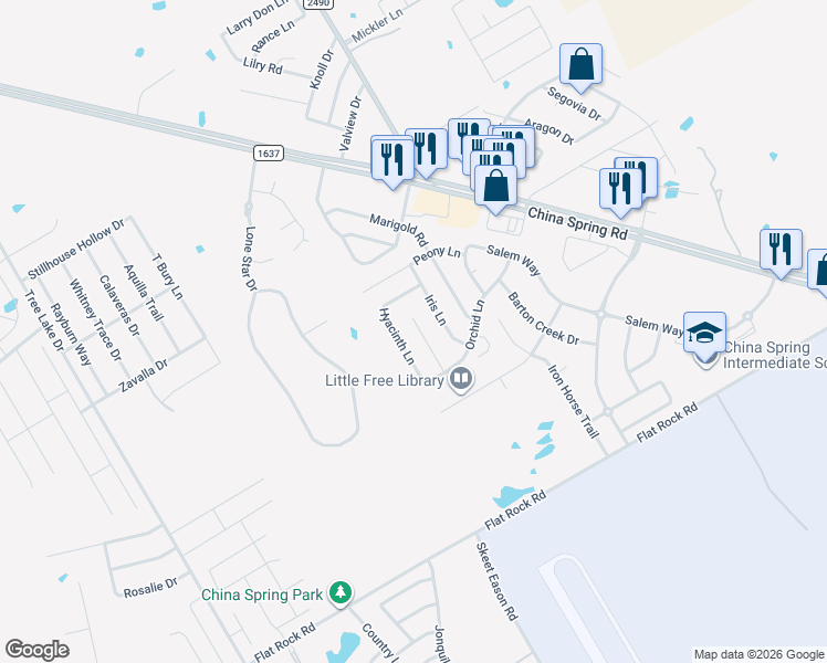map of restaurants, bars, coffee shops, grocery stores, and more near 10216 Lilac Lane in Waco