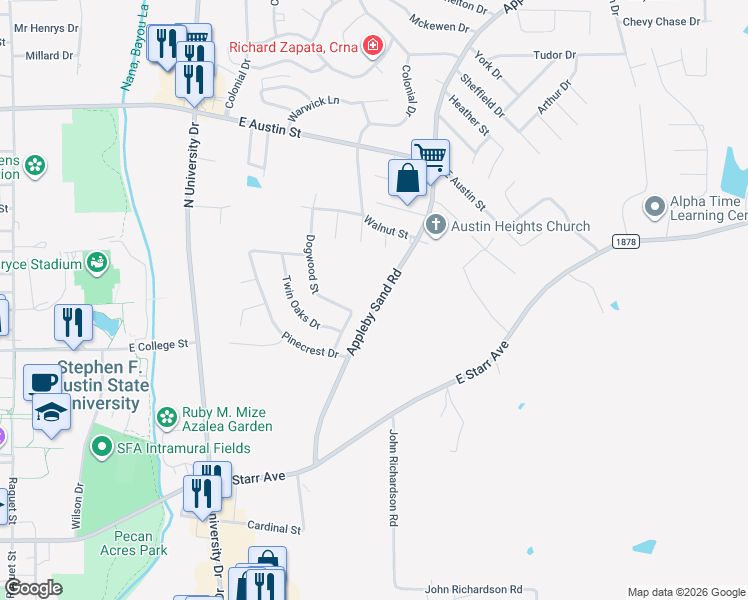 map of restaurants, bars, coffee shops, grocery stores, and more near 2498-2516 Farm to Market Road 1411 in Nacogdoches