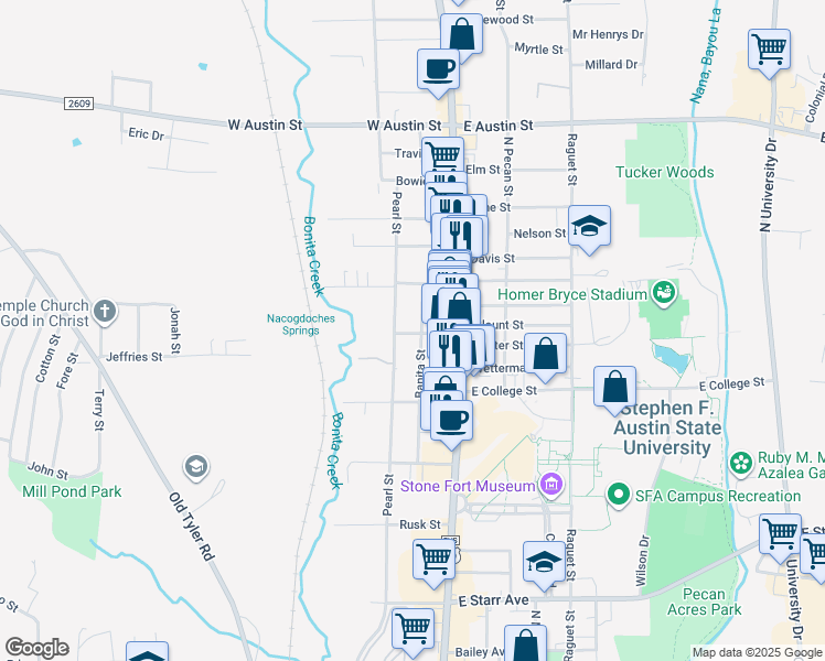 map of restaurants, bars, coffee shops, grocery stores, and more near 2216 Pearl Street in Nacogdoches