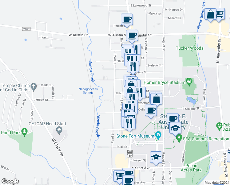 map of restaurants, bars, coffee shops, grocery stores, and more near 2216 Pearl Street in Nacogdoches
