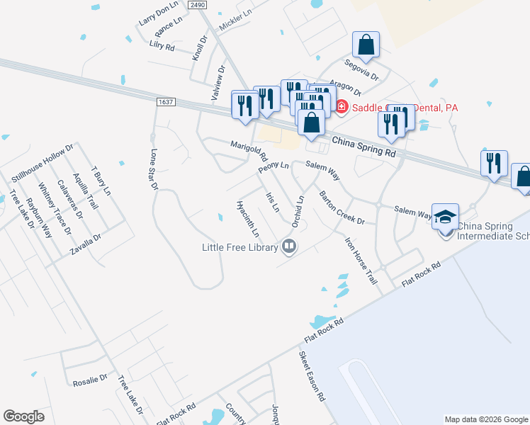 map of restaurants, bars, coffee shops, grocery stores, and more near 10216 Lilac Lane in Waco