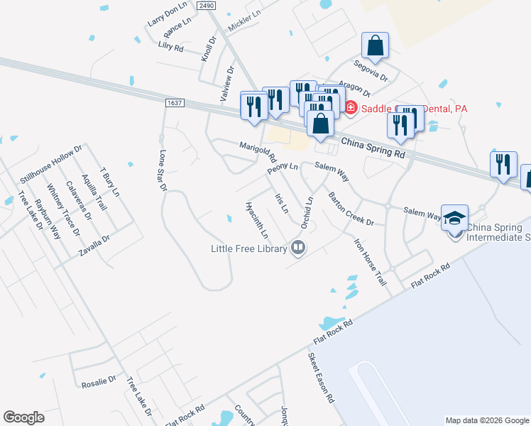 map of restaurants, bars, coffee shops, grocery stores, and more near 10228 Lilac Lane in Waco