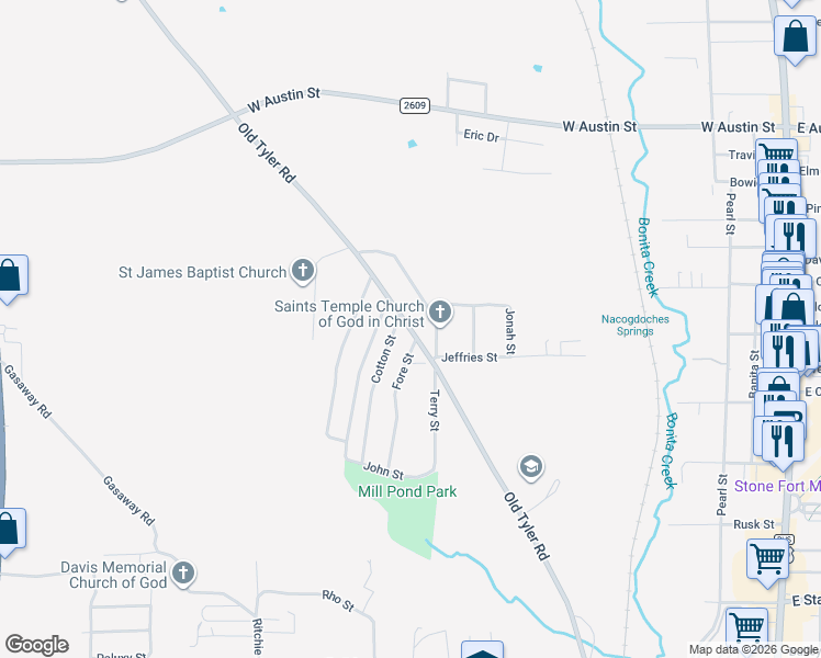 map of restaurants, bars, coffee shops, grocery stores, and more near 2514 Cotton Street in Nacogdoches