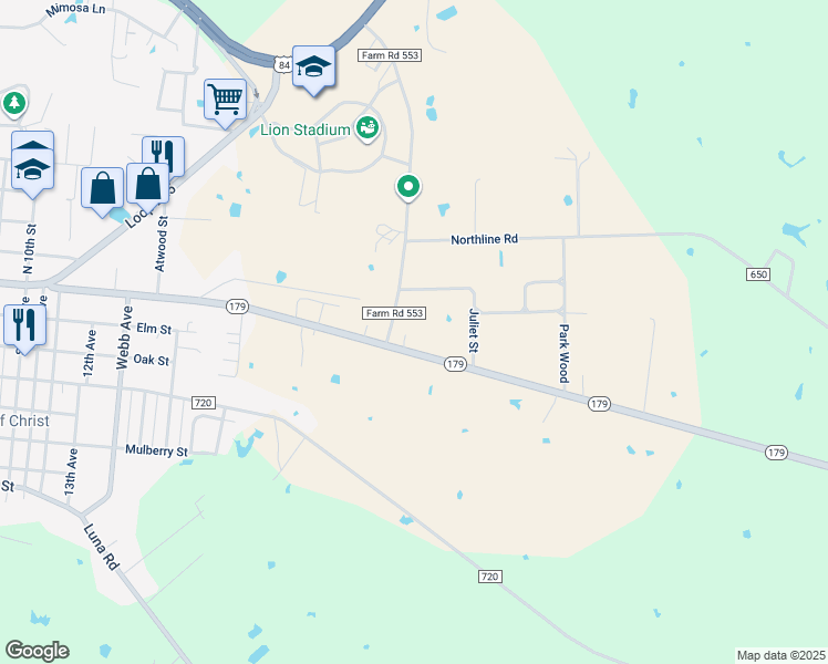 map of restaurants, bars, coffee shops, grocery stores, and more near 2205 East Main Street in Teague