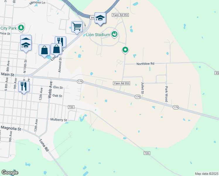 map of restaurants, bars, coffee shops, grocery stores, and more near 2110 East Main Street in Teague