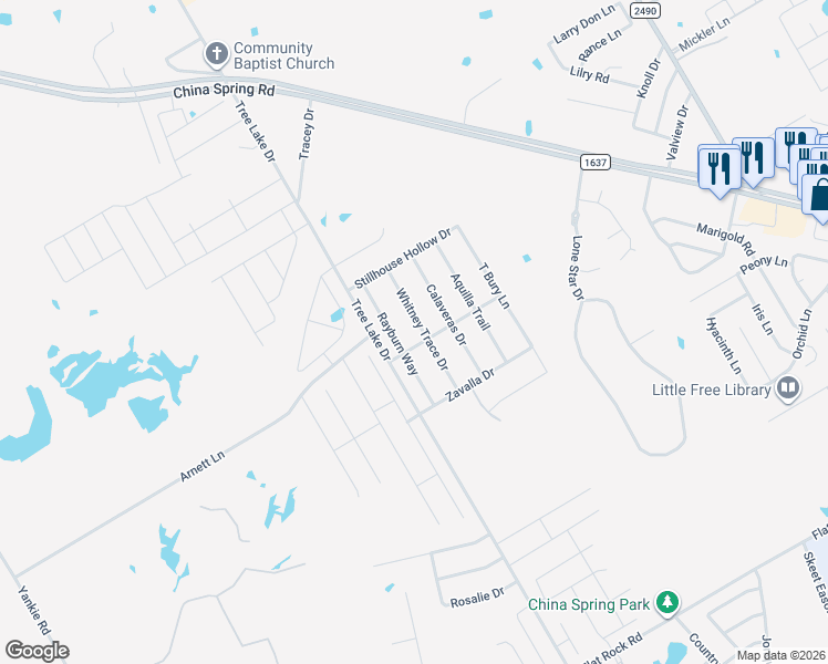 map of restaurants, bars, coffee shops, grocery stores, and more near 10501 Rayburn Way in Waco