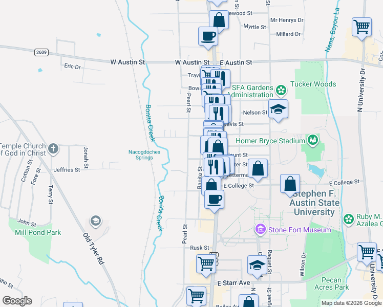 map of restaurants, bars, coffee shops, grocery stores, and more near 2324 Pearl Street in Nacogdoches