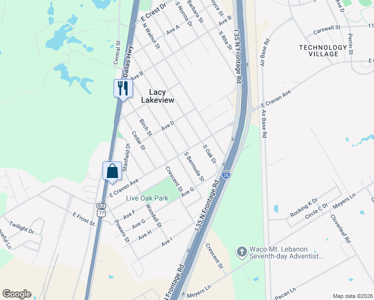 map of restaurants, bars, coffee shops, grocery stores, and more near 712 East Craven Avenue in Waco