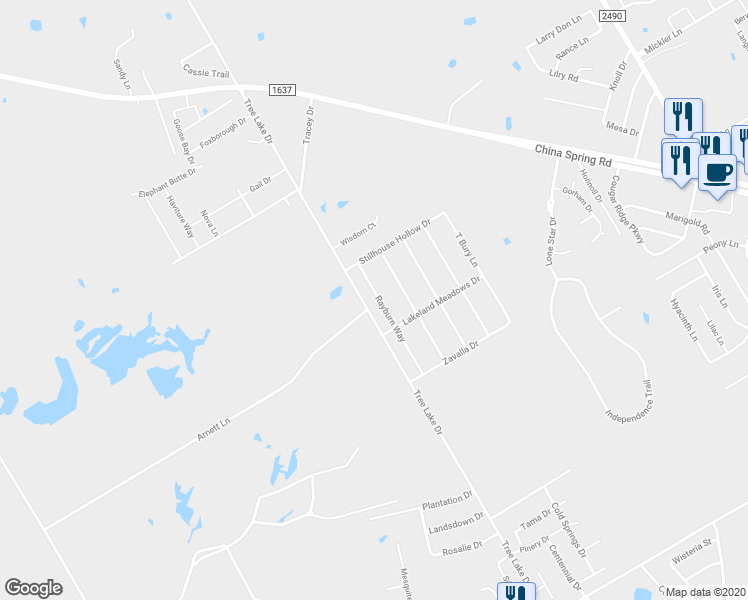 map of restaurants, bars, coffee shops, grocery stores, and more near 10600 Rayburn Way in Waco