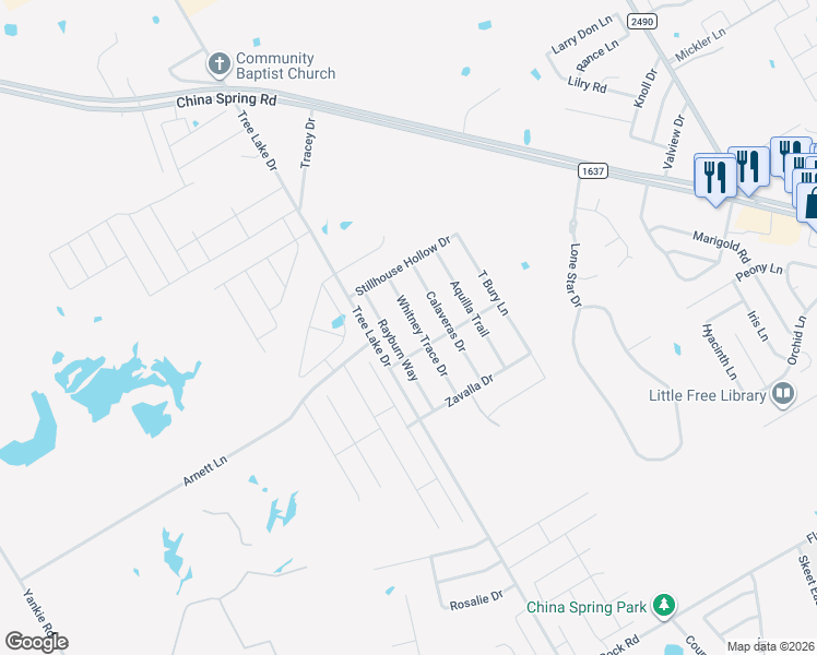 map of restaurants, bars, coffee shops, grocery stores, and more near 10604 Whitney Trace Drive in Waco