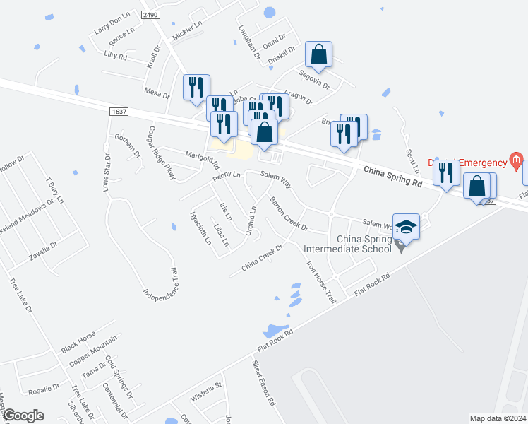 map of restaurants, bars, coffee shops, grocery stores, and more near 10141 Iron Horse Trail in Waco
