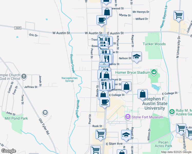 map of restaurants, bars, coffee shops, grocery stores, and more near 2324 Pearl Street in Nacogdoches