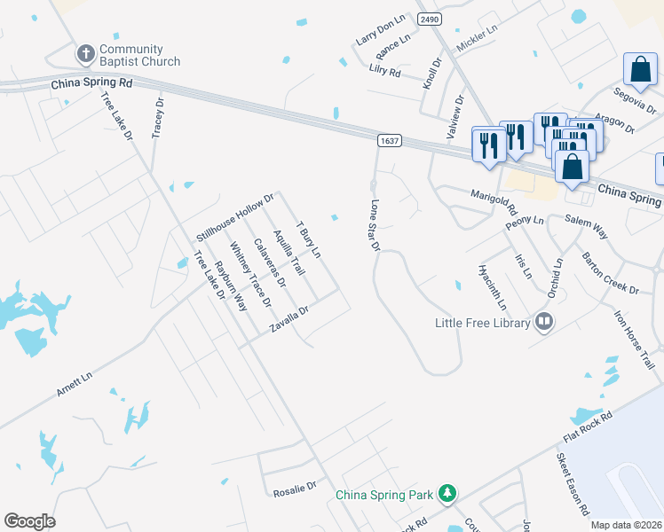 map of restaurants, bars, coffee shops, grocery stores, and more near 10409 T Bury Lane in Waco