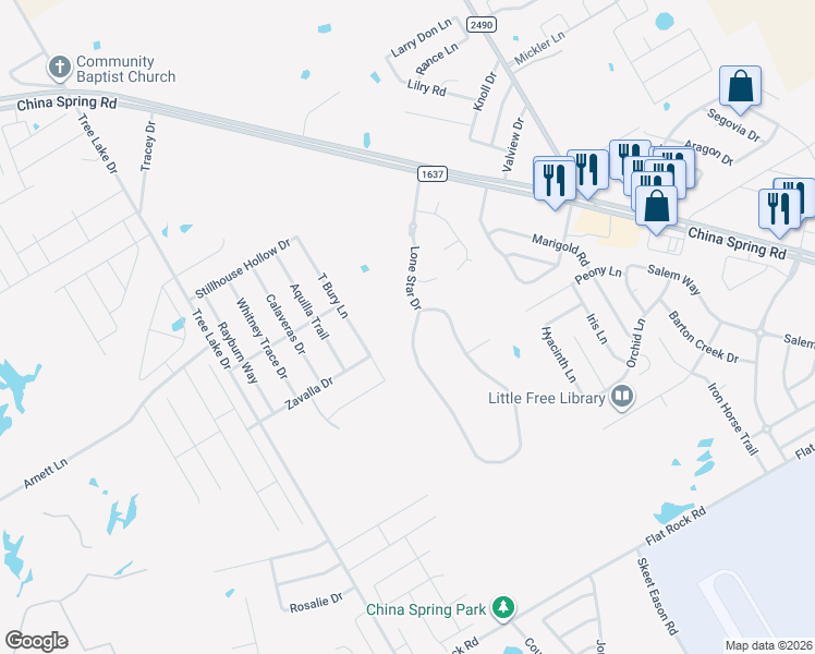 map of restaurants, bars, coffee shops, grocery stores, and more near 76 Independence Trail in Waco