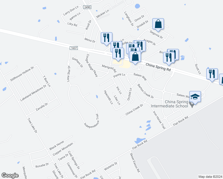 map of restaurants, bars, coffee shops, grocery stores, and more near 10232 Iris Lane in Waco
