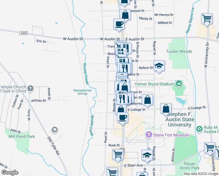 map of restaurants, bars, coffee shops, grocery stores, and more near 2324 Pearl Street in Nacogdoches