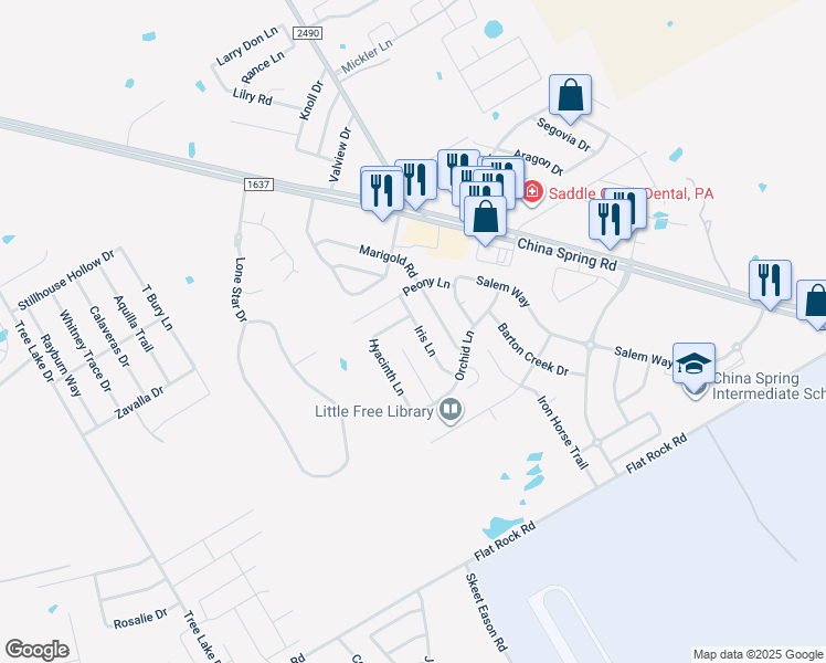 map of restaurants, bars, coffee shops, grocery stores, and more near 10232 Iris Ln in Waco