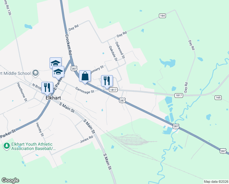 map of restaurants, bars, coffee shops, grocery stores, and more near 108 Farm to Market Road 1817 in Elkhart