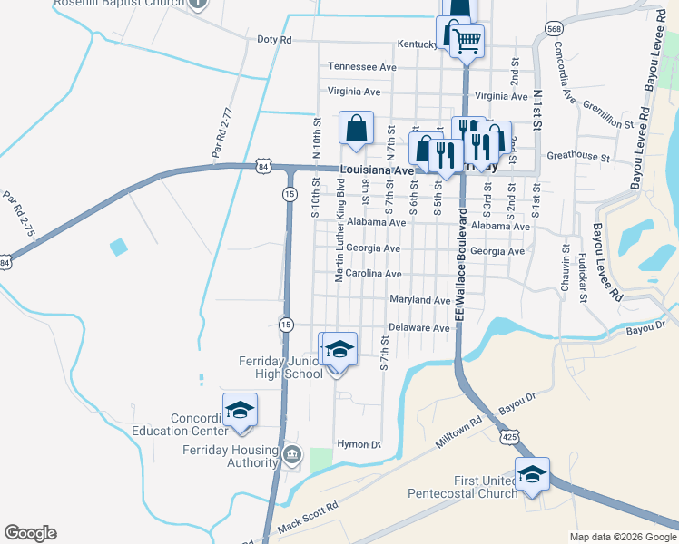 map of restaurants, bars, coffee shops, grocery stores, and more near 201 Martin Luther King Boulevard in Ferriday