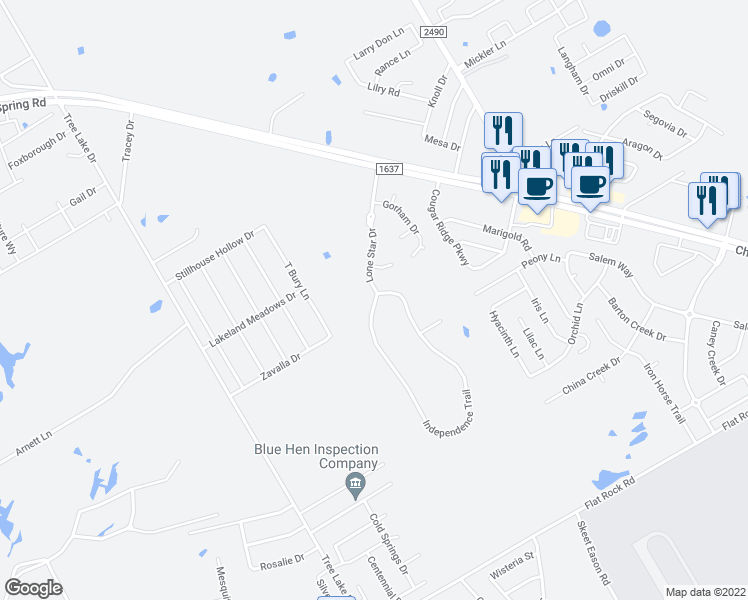 map of restaurants, bars, coffee shops, grocery stores, and more near 58 Independence Trail in Waco