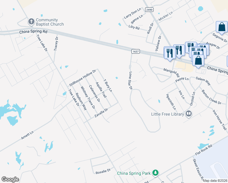 map of restaurants, bars, coffee shops, grocery stores, and more near 10409 T Bury Lane in Waco