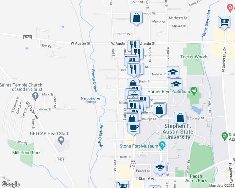 map of restaurants, bars, coffee shops, grocery stores, and more near 2325 Pearl Street in Nacogdoches