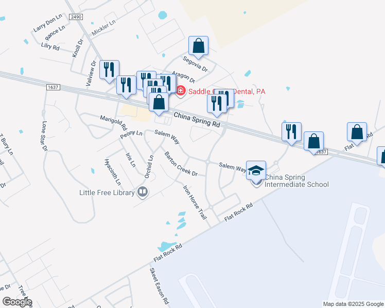 map of restaurants, bars, coffee shops, grocery stores, and more near 10021 Salem Way in Waco