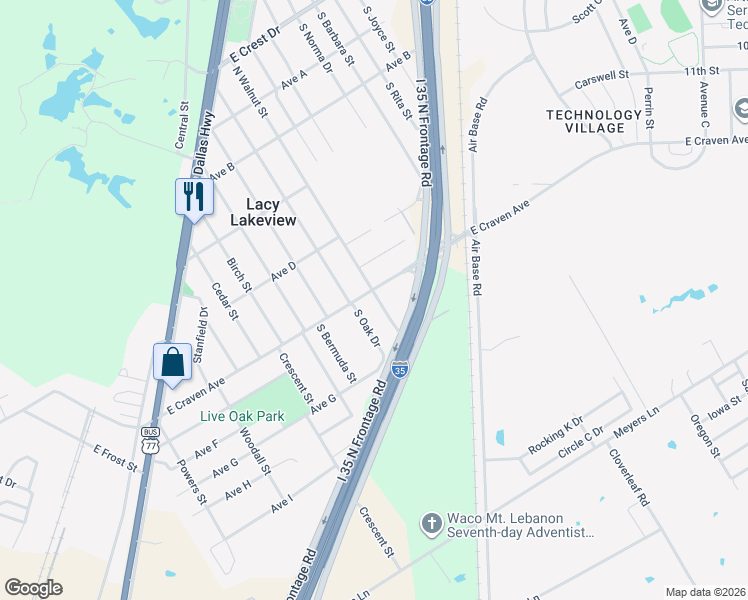 map of restaurants, bars, coffee shops, grocery stores, and more near 102 South Walnut Street in Waco
