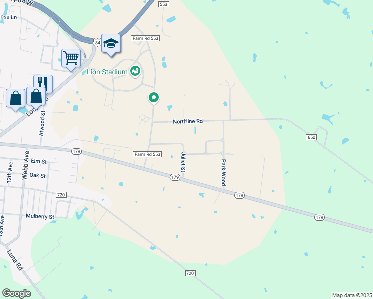 map of restaurants, bars, coffee shops, grocery stores, and more near 200 Juliet Street in Teague