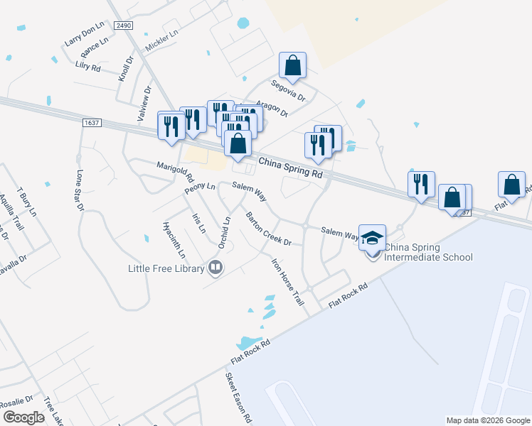 map of restaurants, bars, coffee shops, grocery stores, and more near 10112 Salem Way in Waco